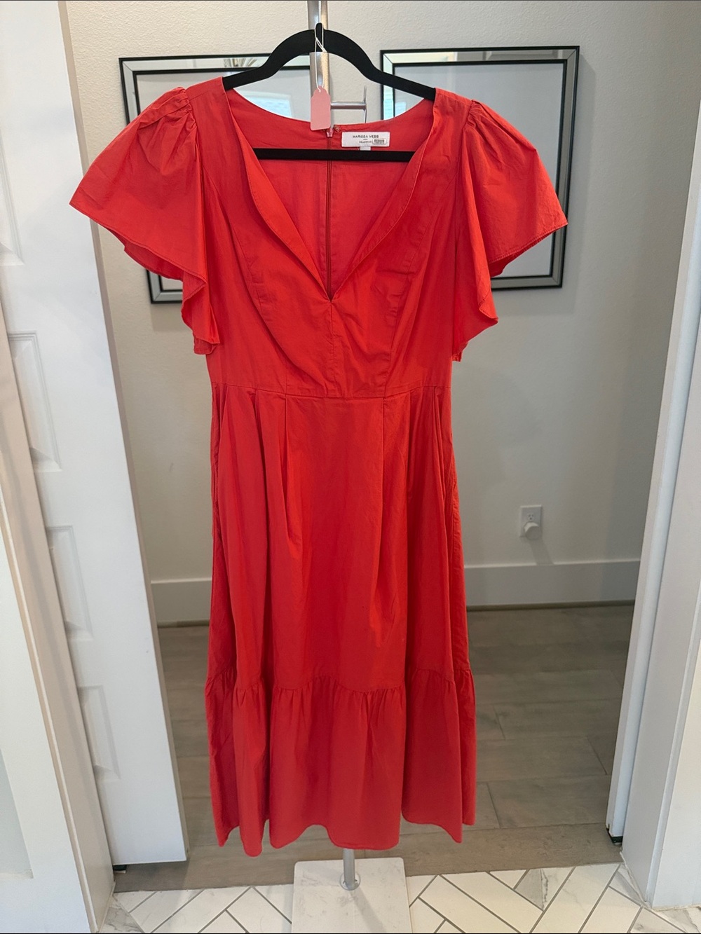 Marissa Webb Red V-Neck Flutter Sleeve Midi Dress